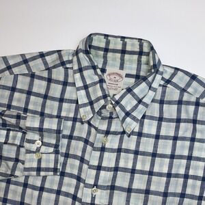 Brooks Brothers Madison Shirt Men's Medium All Irish Linen Blue Plaid Casual